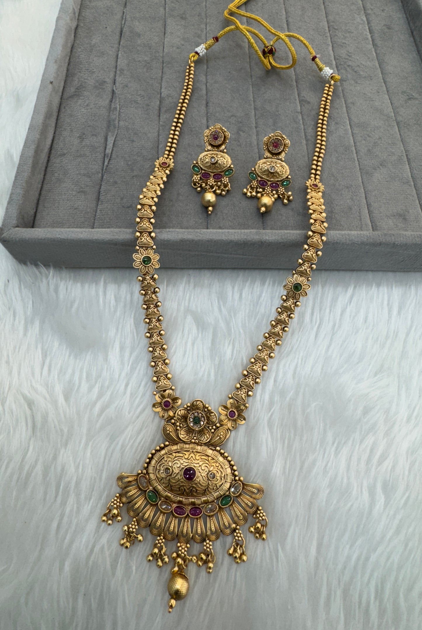 Gold Ruby Green Polki Long Rani Haar Necklace Jewellery Set