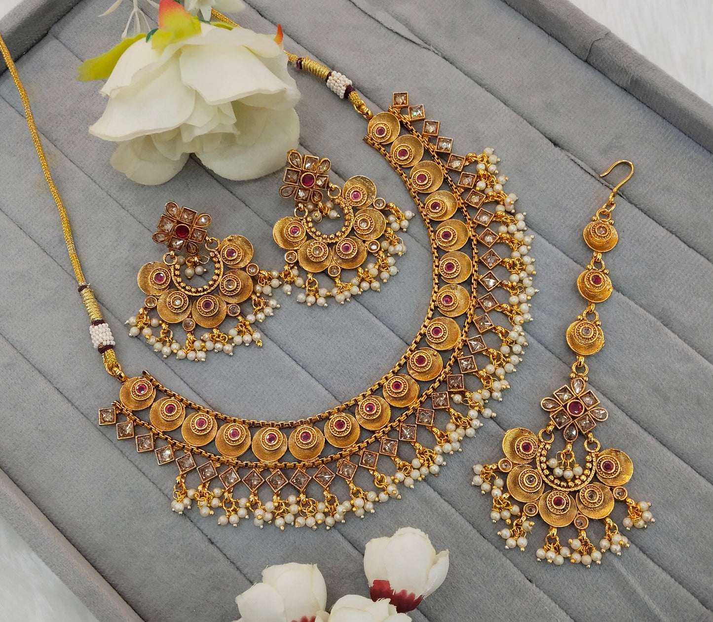 Ruby Gold Polki Necklace Jewellery Kuwar Set