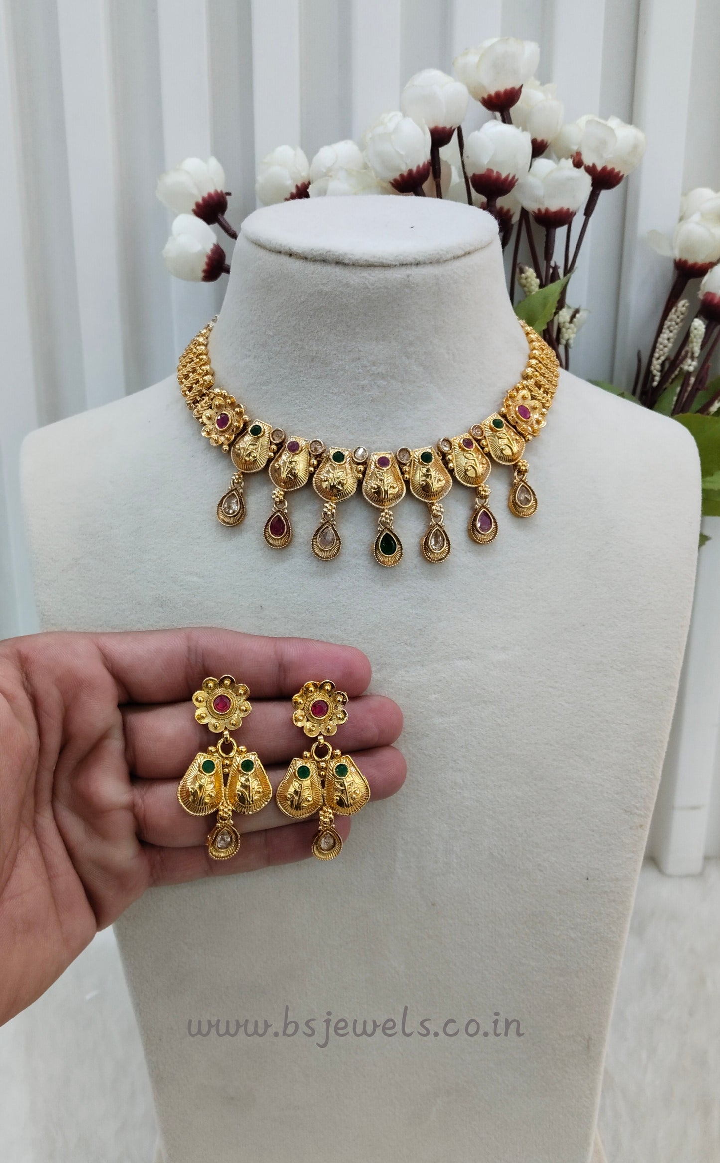 Ruby Green Gold Polki Necklace Jewellery Kuwar Set