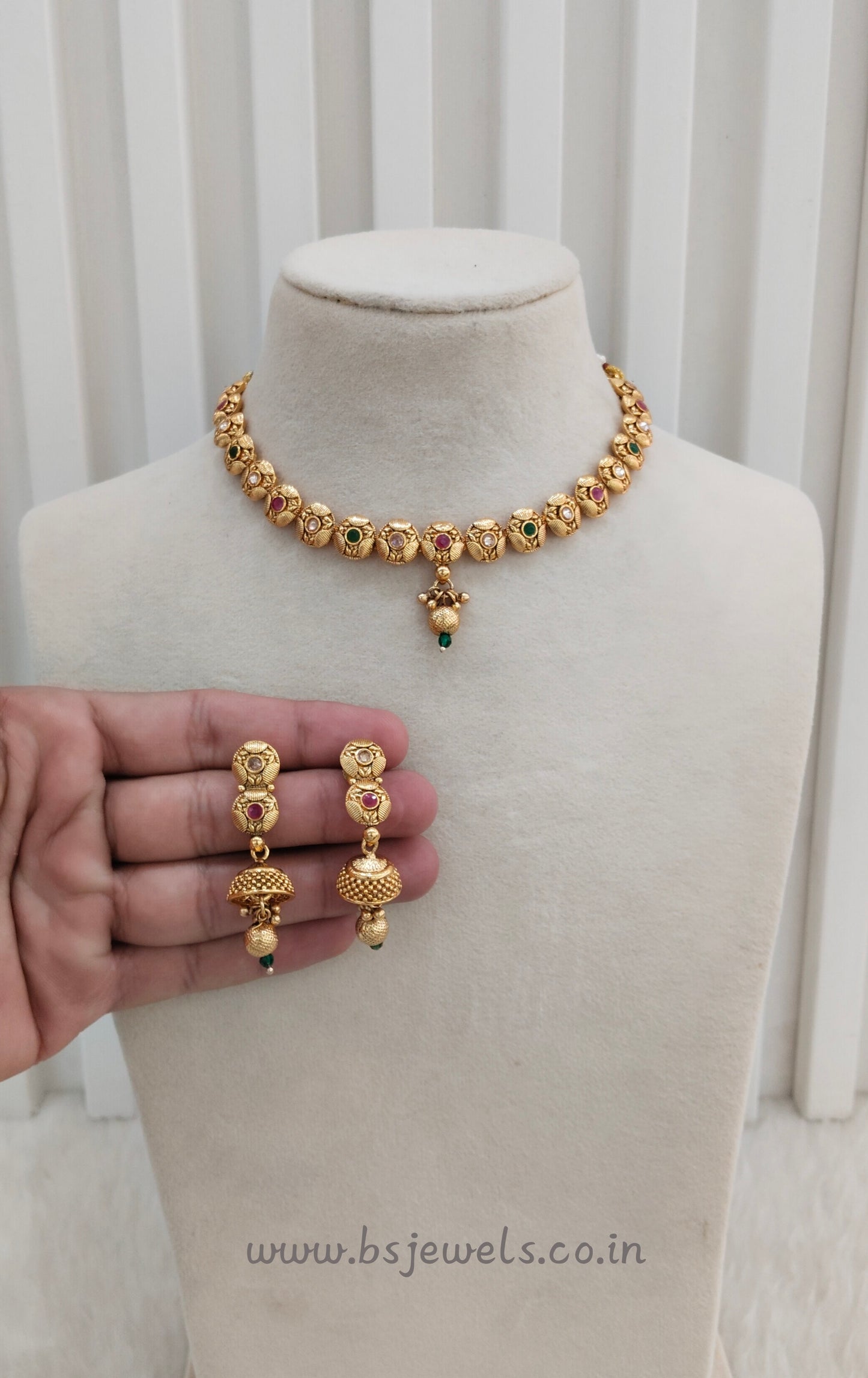 Ruby Green Gold Polki Necklace Jewellery Pawan Set