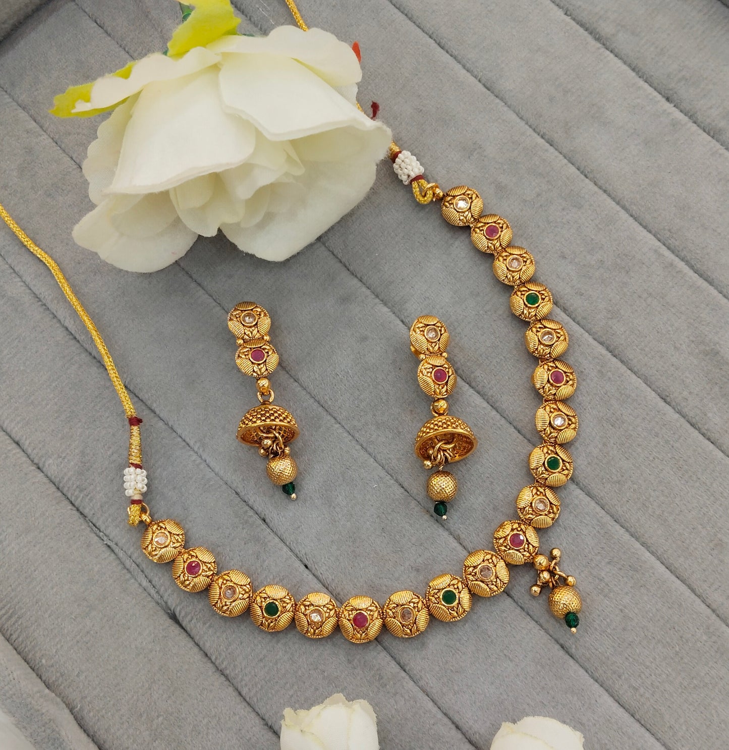 Ruby Green Gold Polki Necklace Jewellery Pawan Set