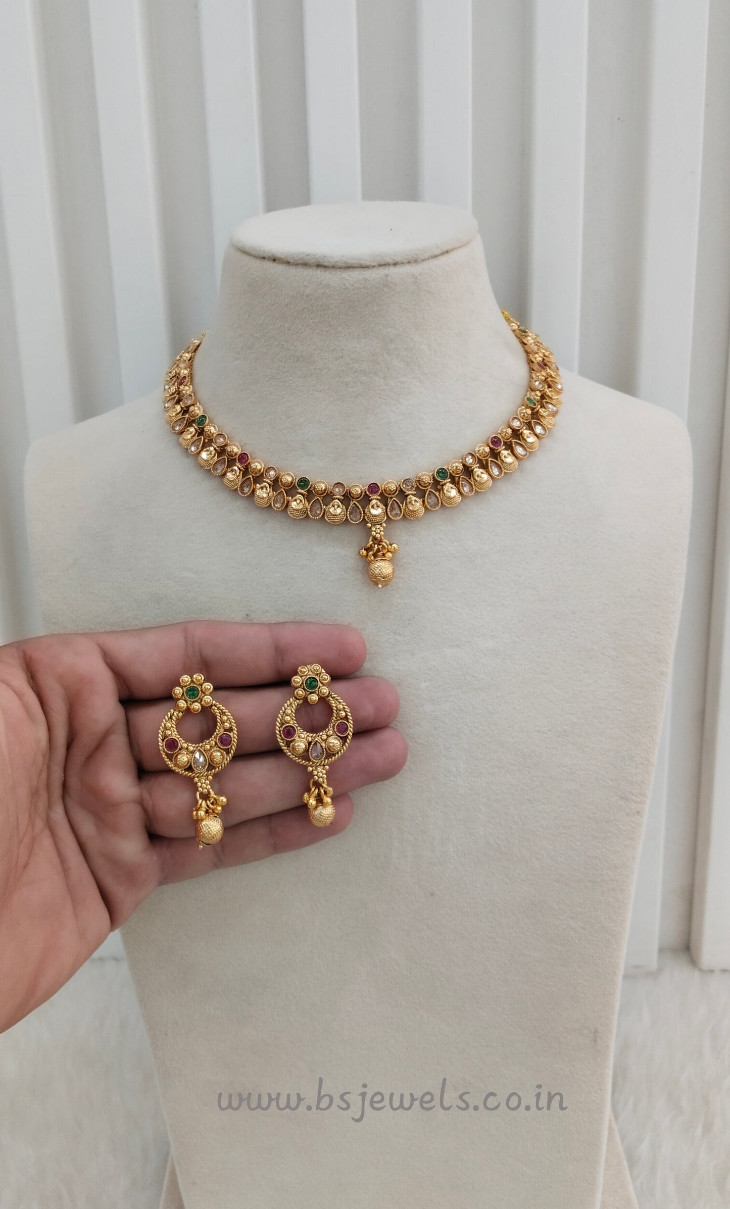 Ruby Green Gold Polki Necklace Jewellery Pawan Set