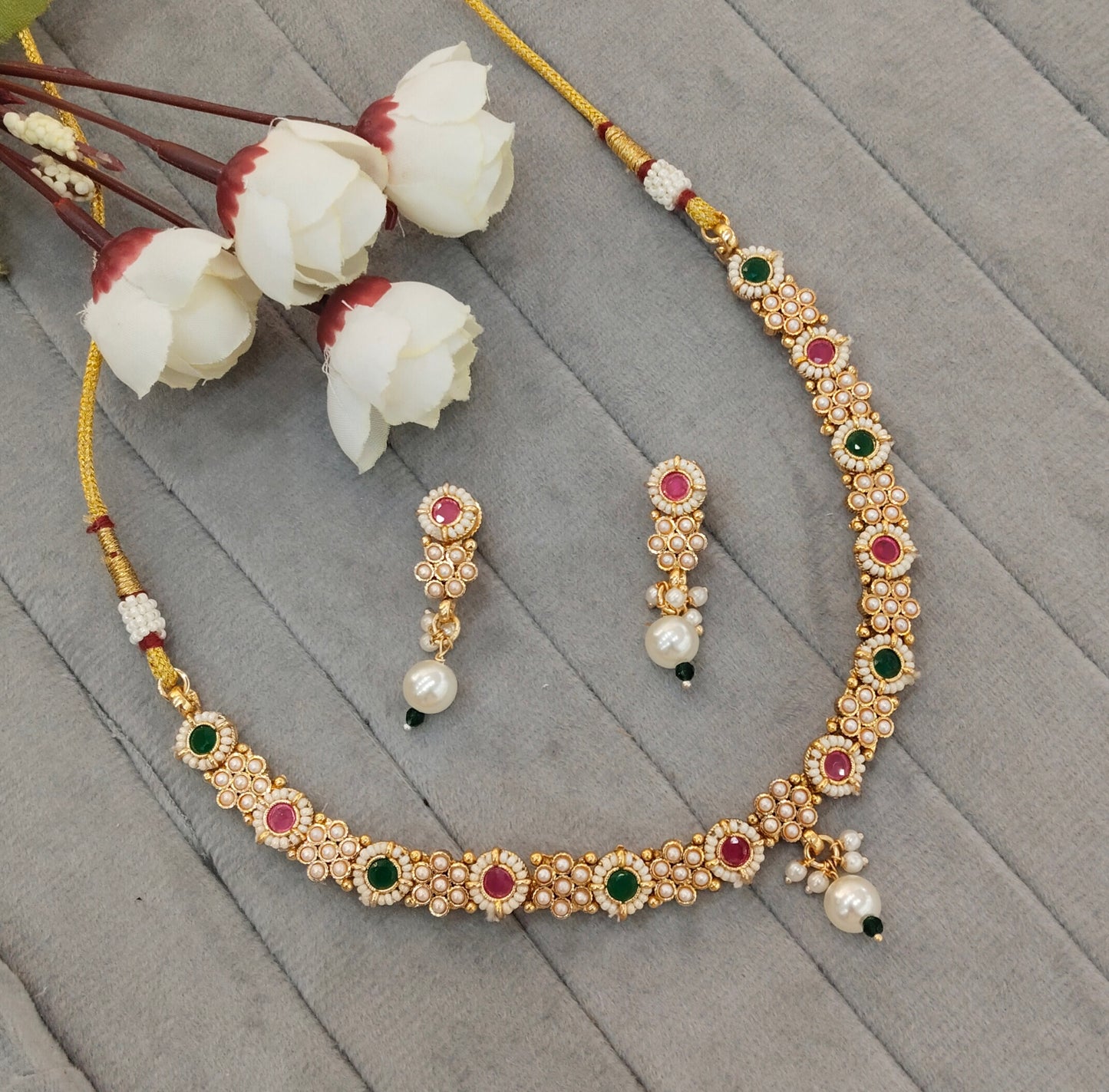 Ruby Green Gold Polki Necklace Jewellery Pawan Set