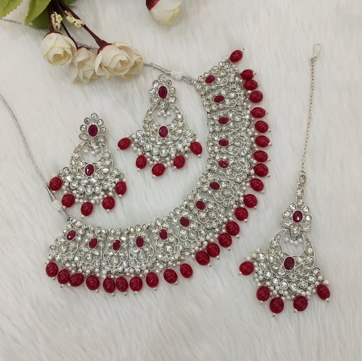 Ruby Silver Necklace Set Liva Jewellery