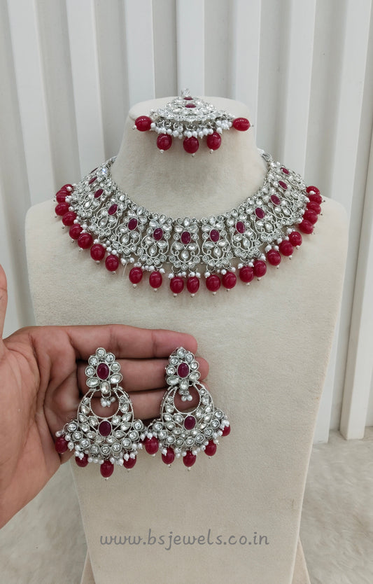 Ruby Silver Necklace Set Liva Jewellery