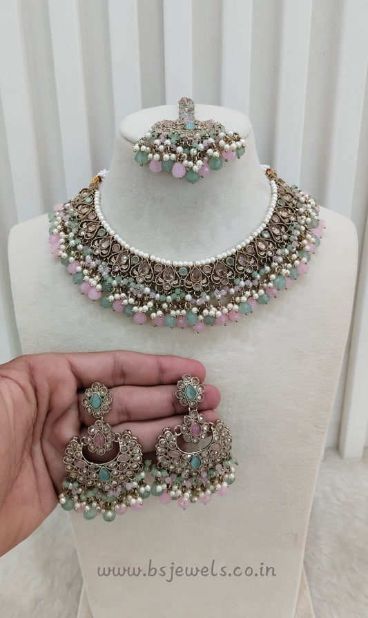 Mint Pink Antique Gold Necklace Jewellery Prisha Set