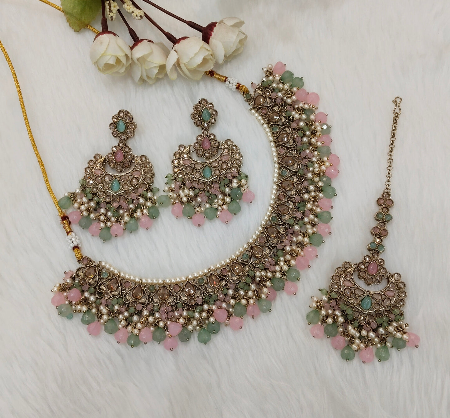 Mint Pink Antique Gold Necklace Jewellery Prisha Set