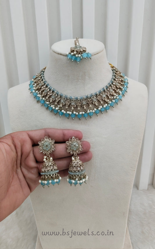 Sky Blue Antique Gold Necklace Jewellery Gurjot Set