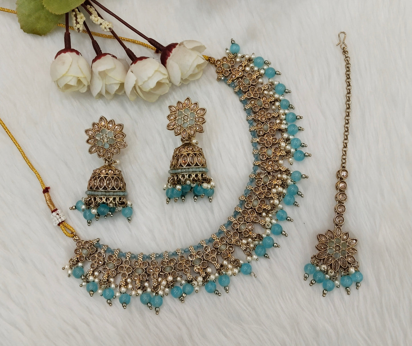 Sky Blue Antique Gold Necklace Jewellery Gurjot Set