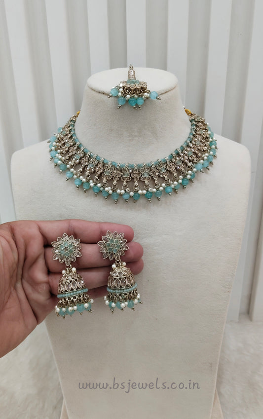 Sea Green Antique Gold Necklace Jewellery Gurjot Set