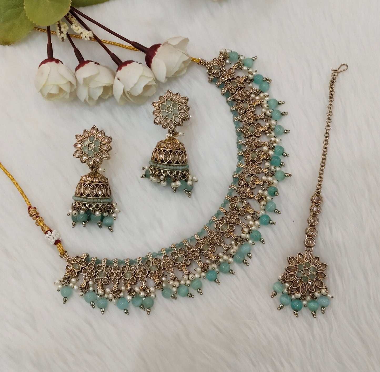 Sea Green Antique Gold Necklace Jewellery Gurjot Set