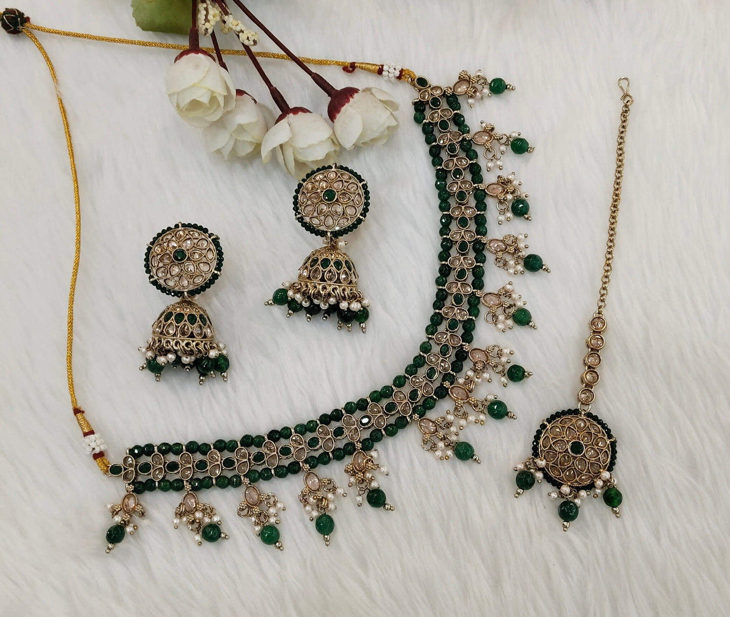 Green Antique Gold Necklace Jewellery Gurjot Set