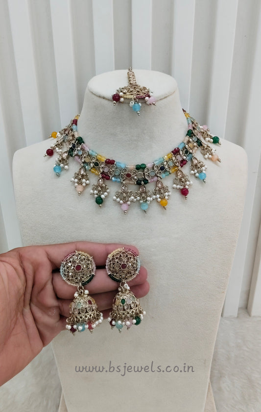 Multi Color Antique Gold Necklace Jewellery Gurjot Set
