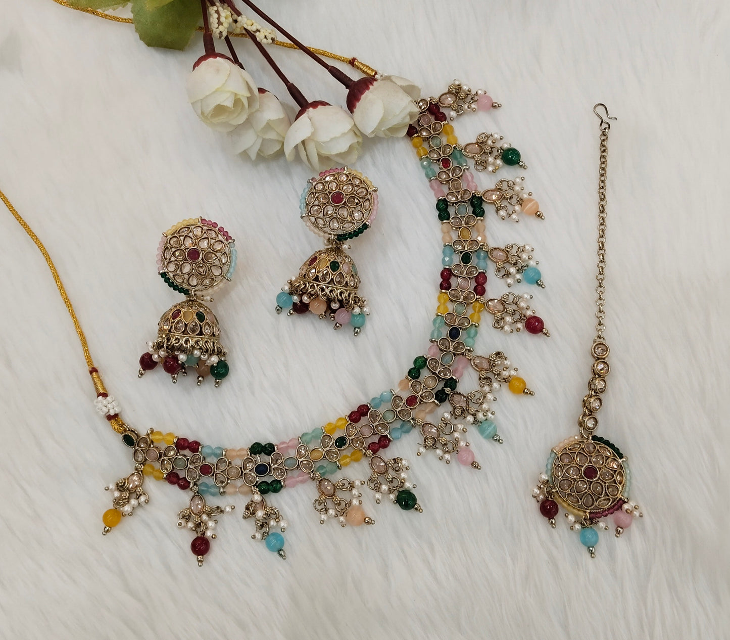 Multi Color Antique Gold Necklace Jewellery Gurjot Set