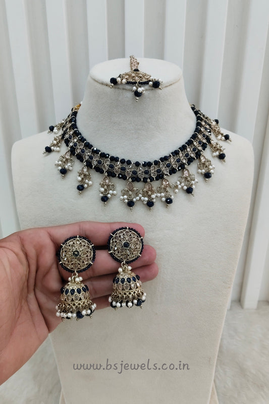 Blue Antique Gold Necklace Jewellery Gurjot Set