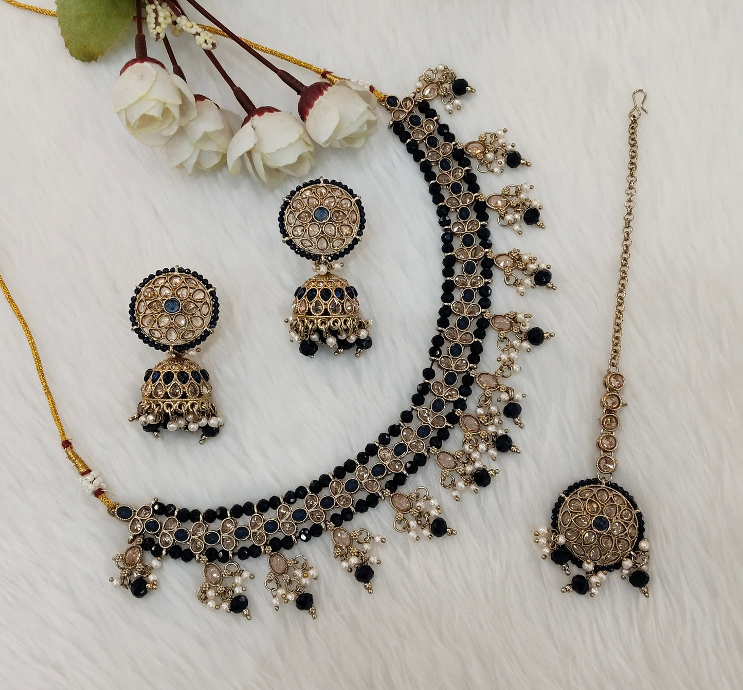 Blue Antique Gold Necklace Jewellery Gurjot Set