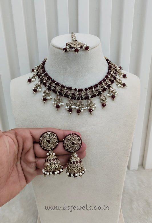 Maroon Antique Gold Necklace Jewellery Gurjot Set