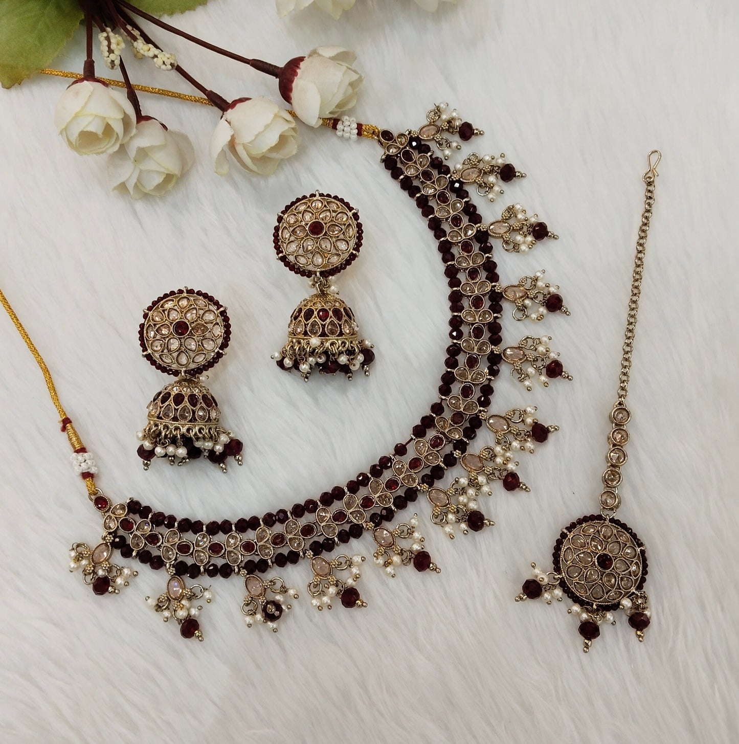 Maroon Antique Gold Necklace Jewellery Gurjot Set