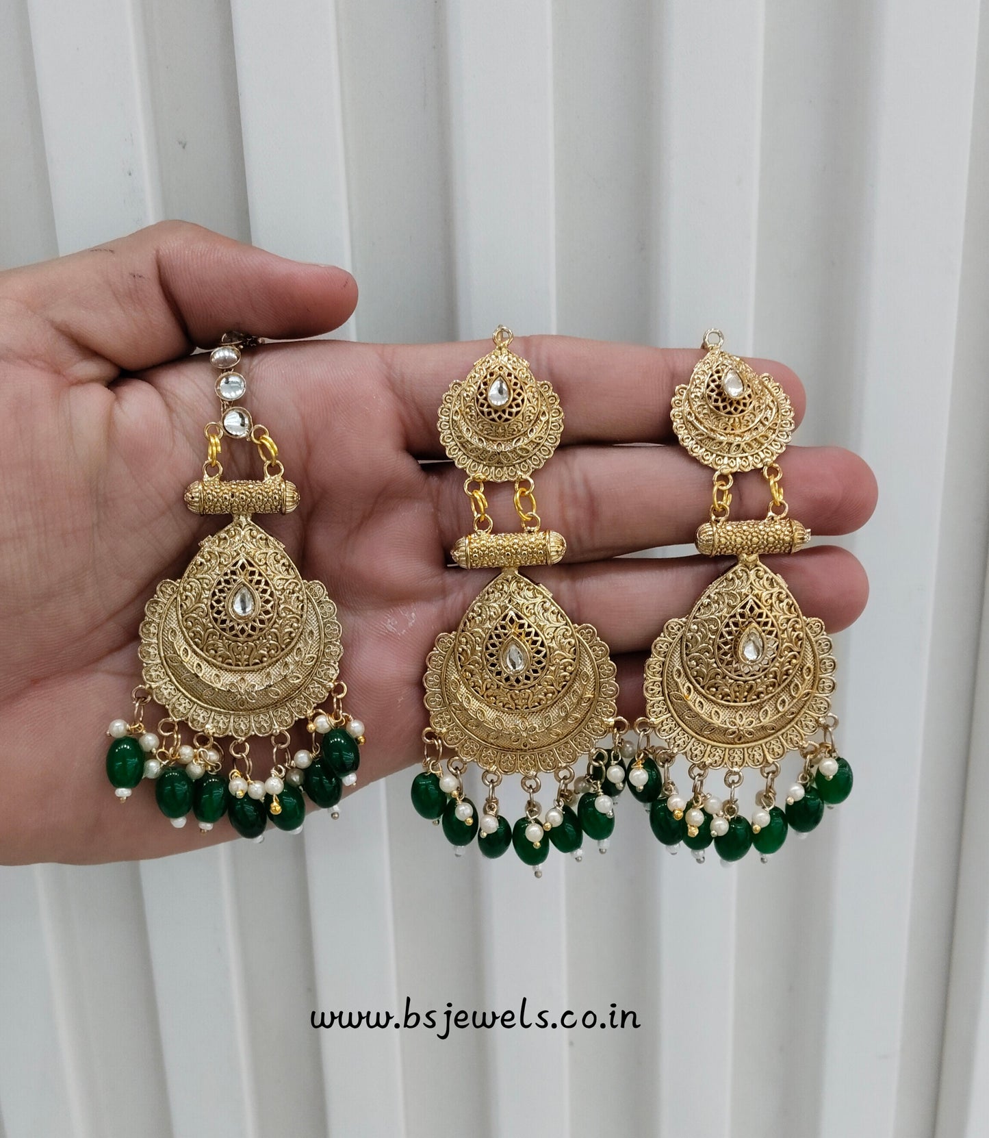Green Gold Polki Punjabi Style Earrings and Tikka