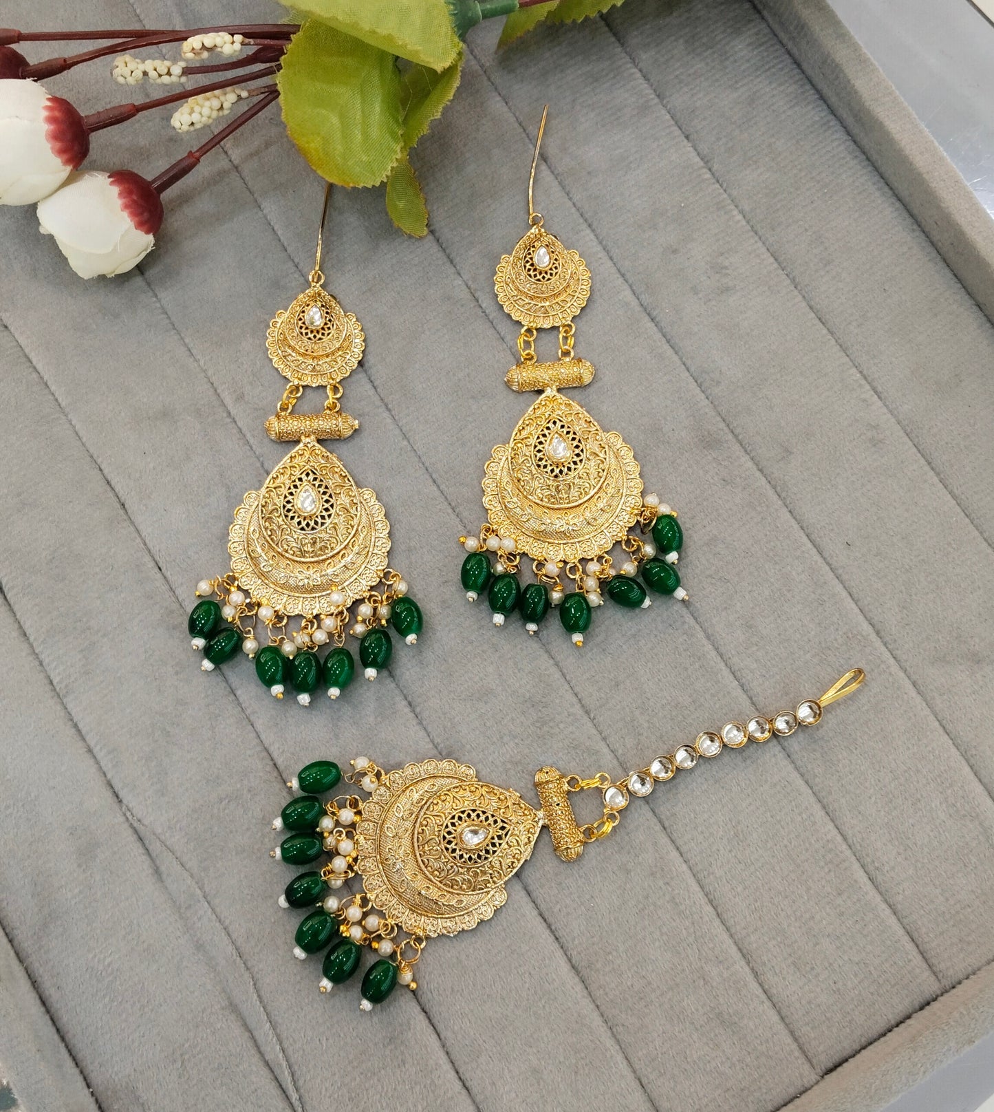 Green Gold Polki Punjabi Style Earrings and Tikka