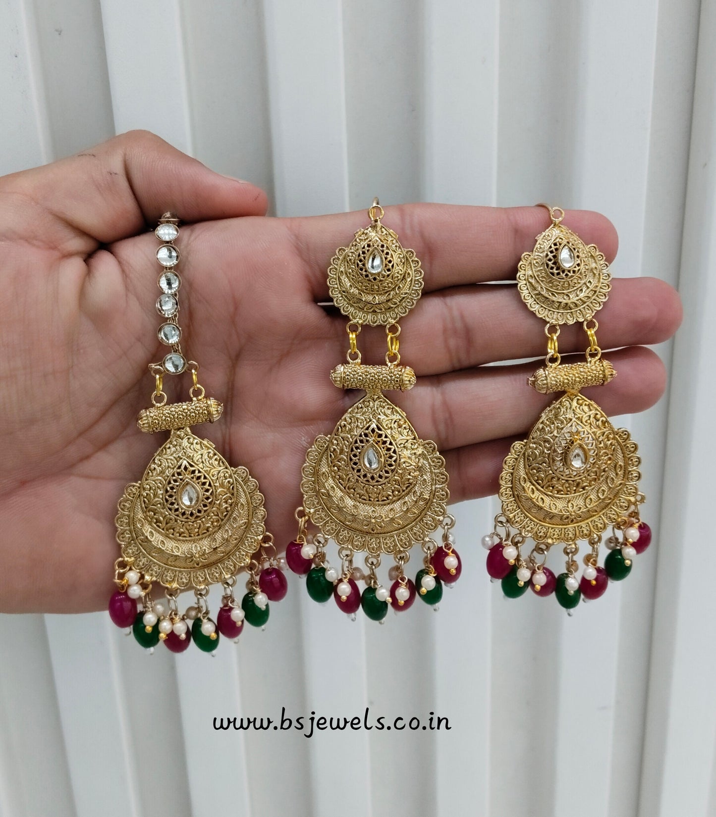 Ruby Green Gold Polki Punjabi Style Earrings and Tikka