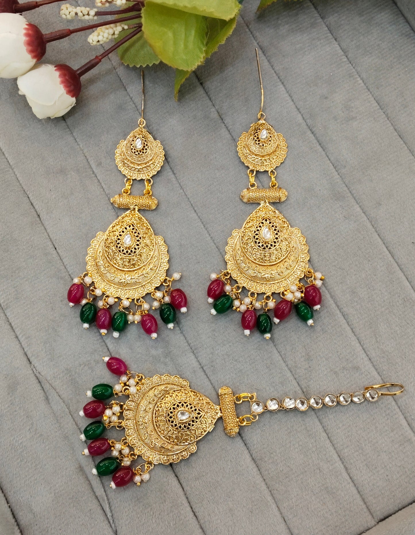 Ruby Green Gold Polki Punjabi Style Earrings and Tikka