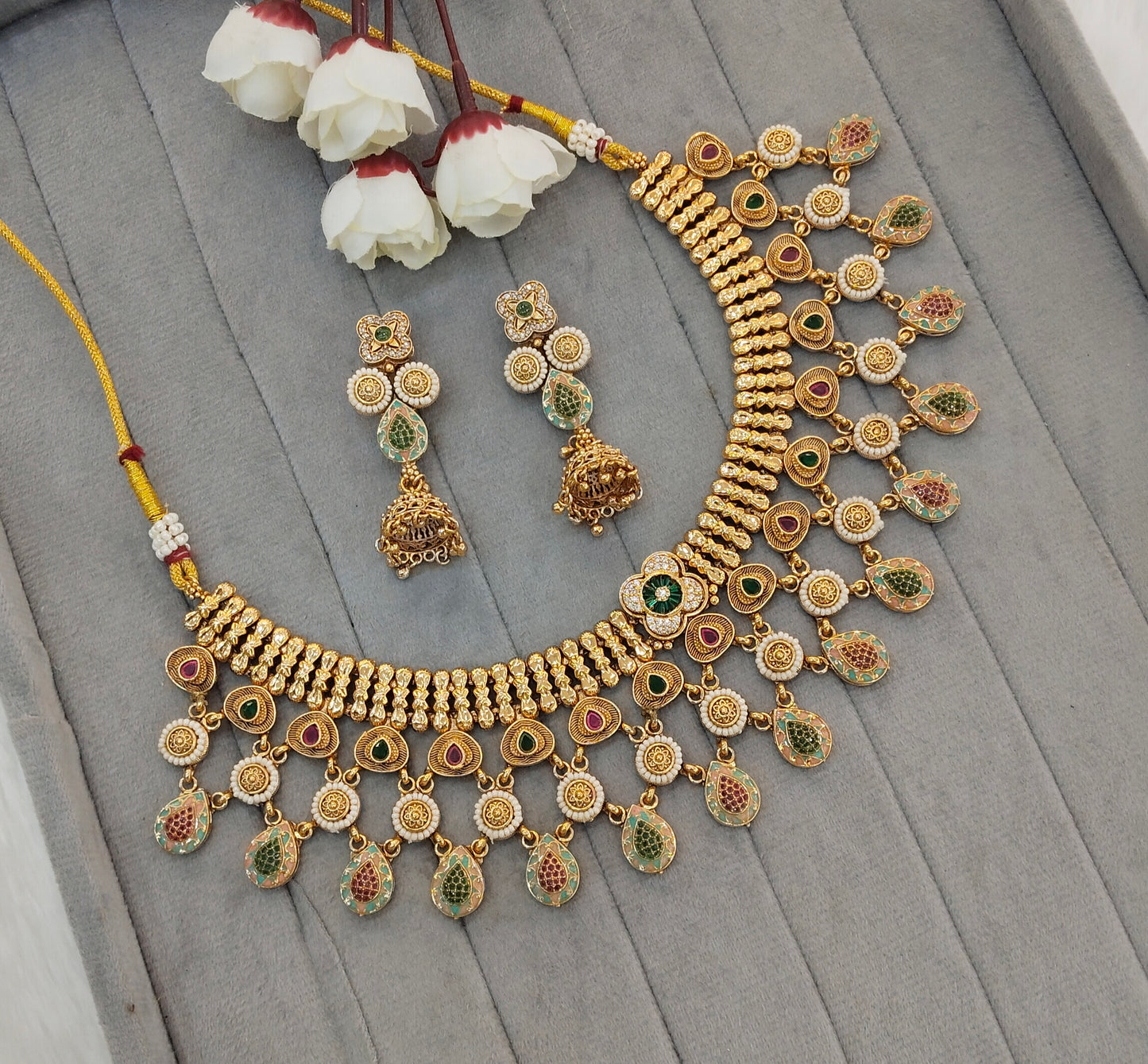 Ruby Green Gold Polki Necklace Jewellery Mulajam Set
