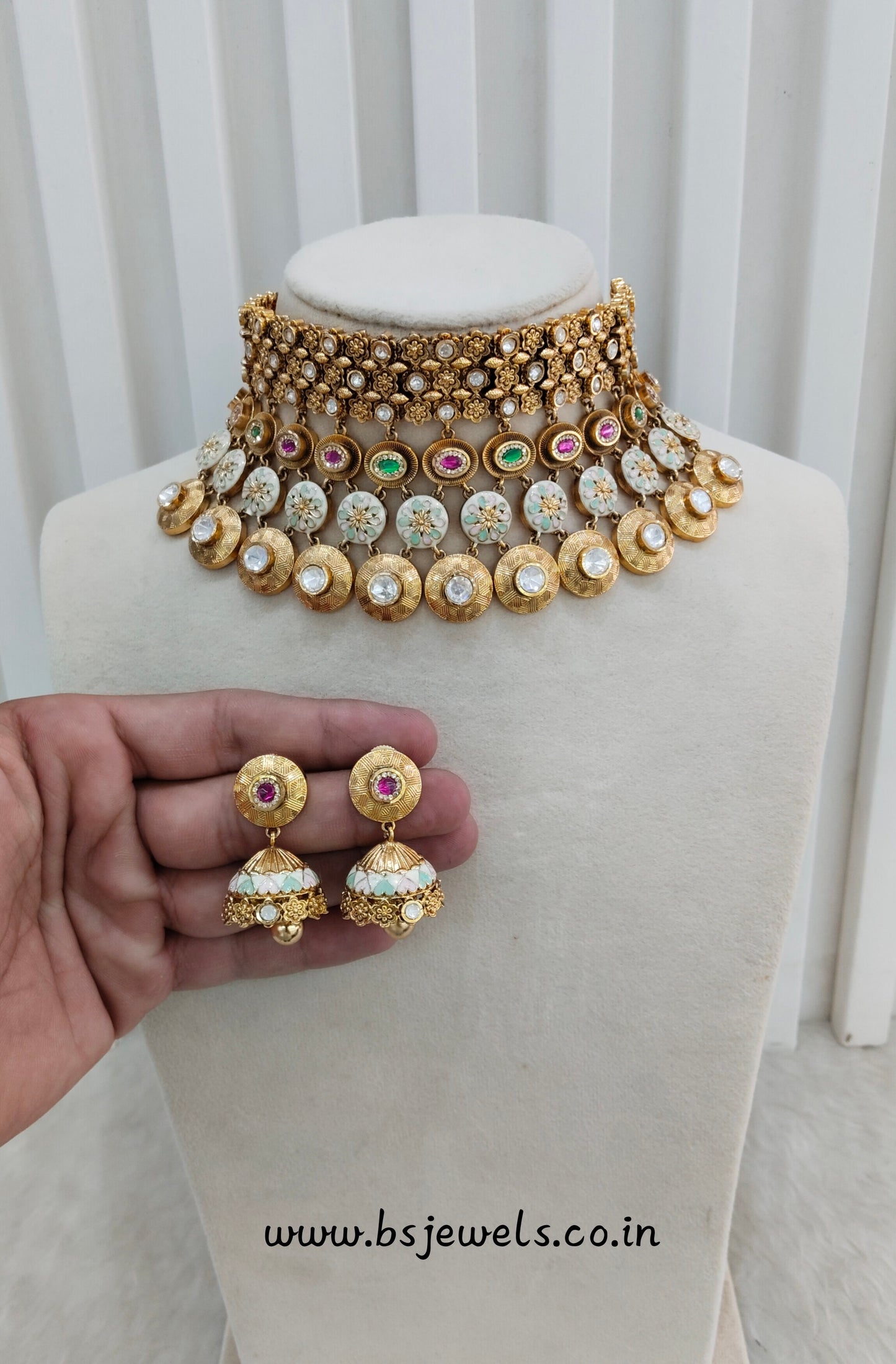 Ruby Green Gold Polki Choker Jewellery Kishu Set