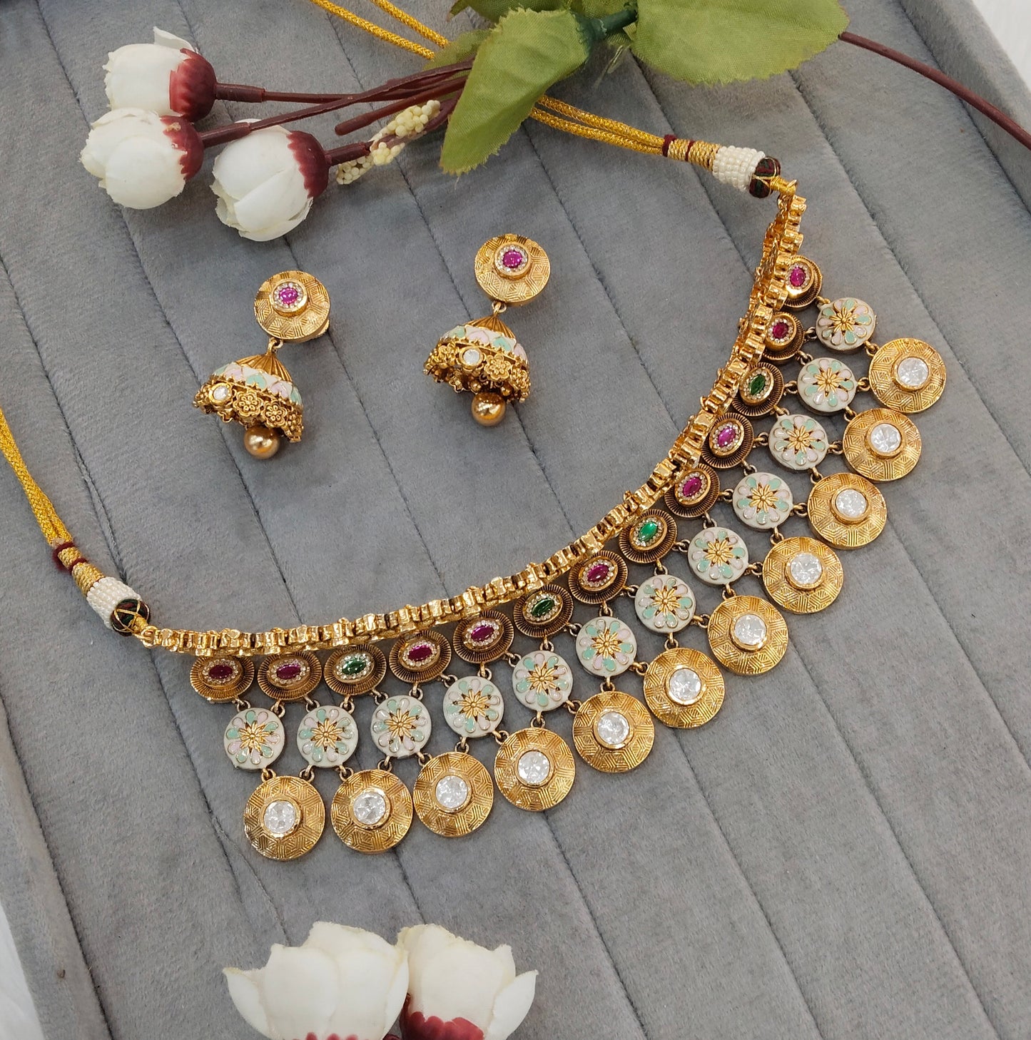 Ruby Green Gold Polki Choker Jewellery Kishu Set