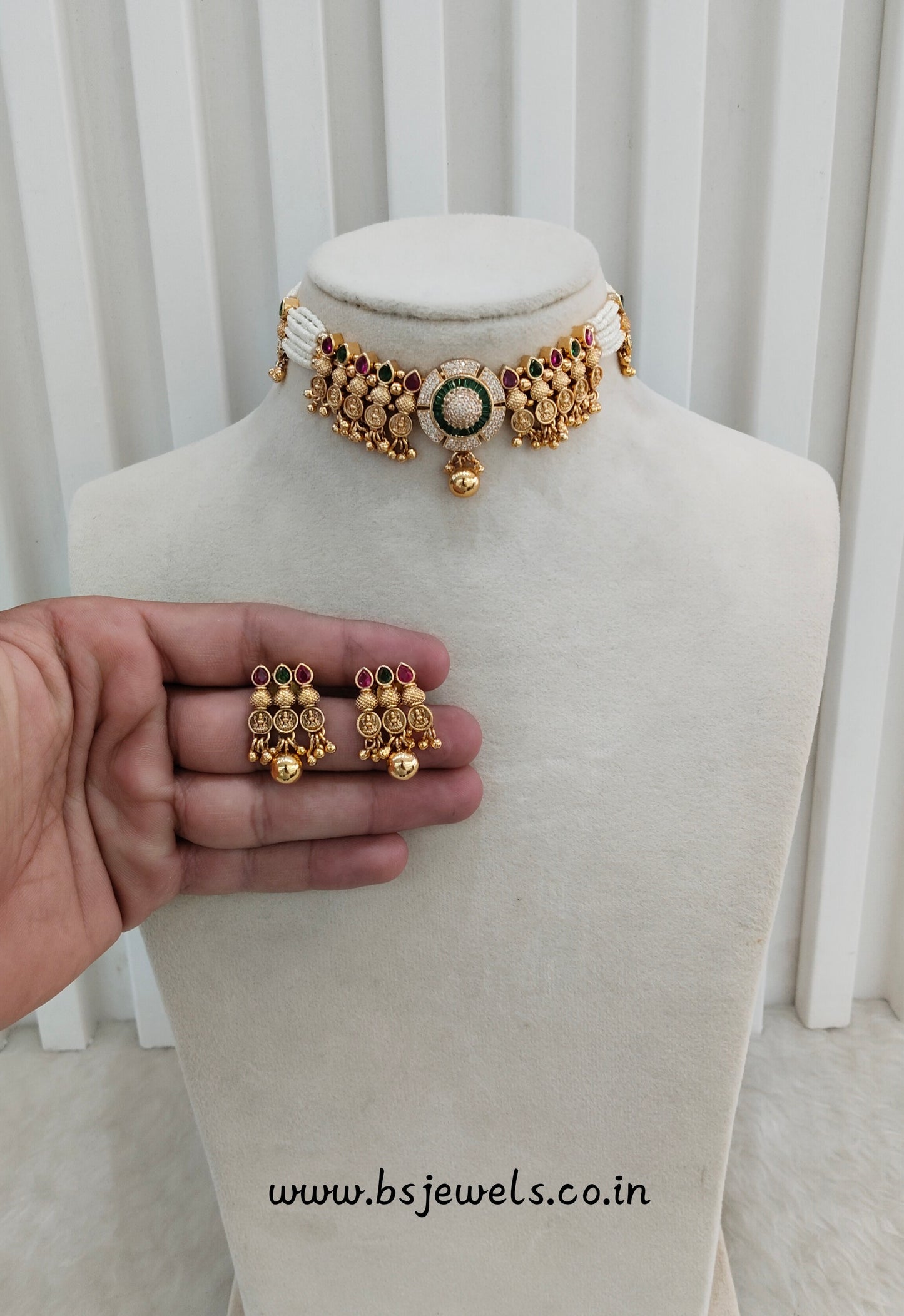Ruby Green Gold Polki Choker Jewellery Kishu Set