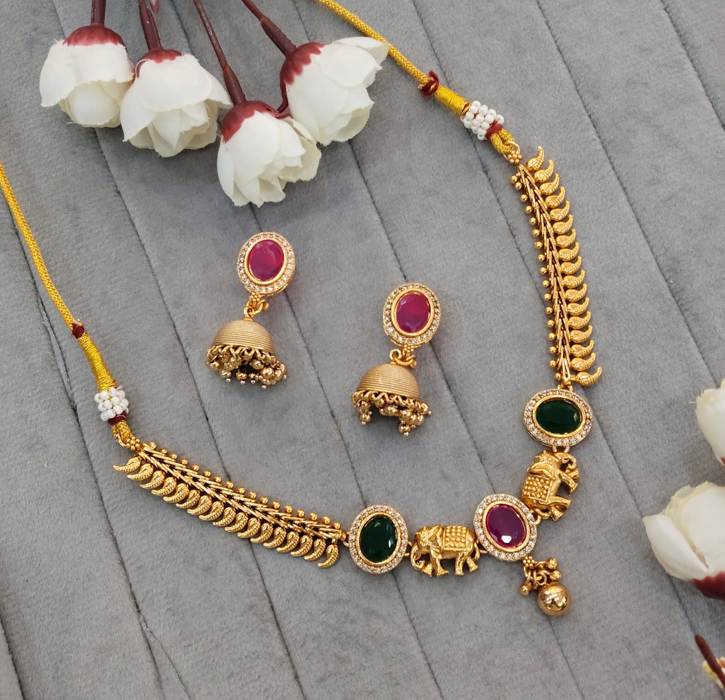 Ruby Green Gold Polki Necklace Jewellery Mulajam Set
