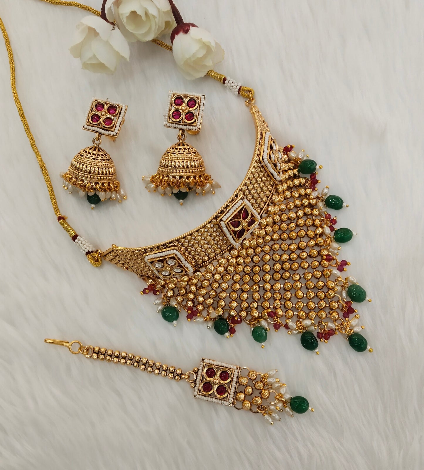 Ruby Green Gold Polki Choker Jewellery Kishu Set