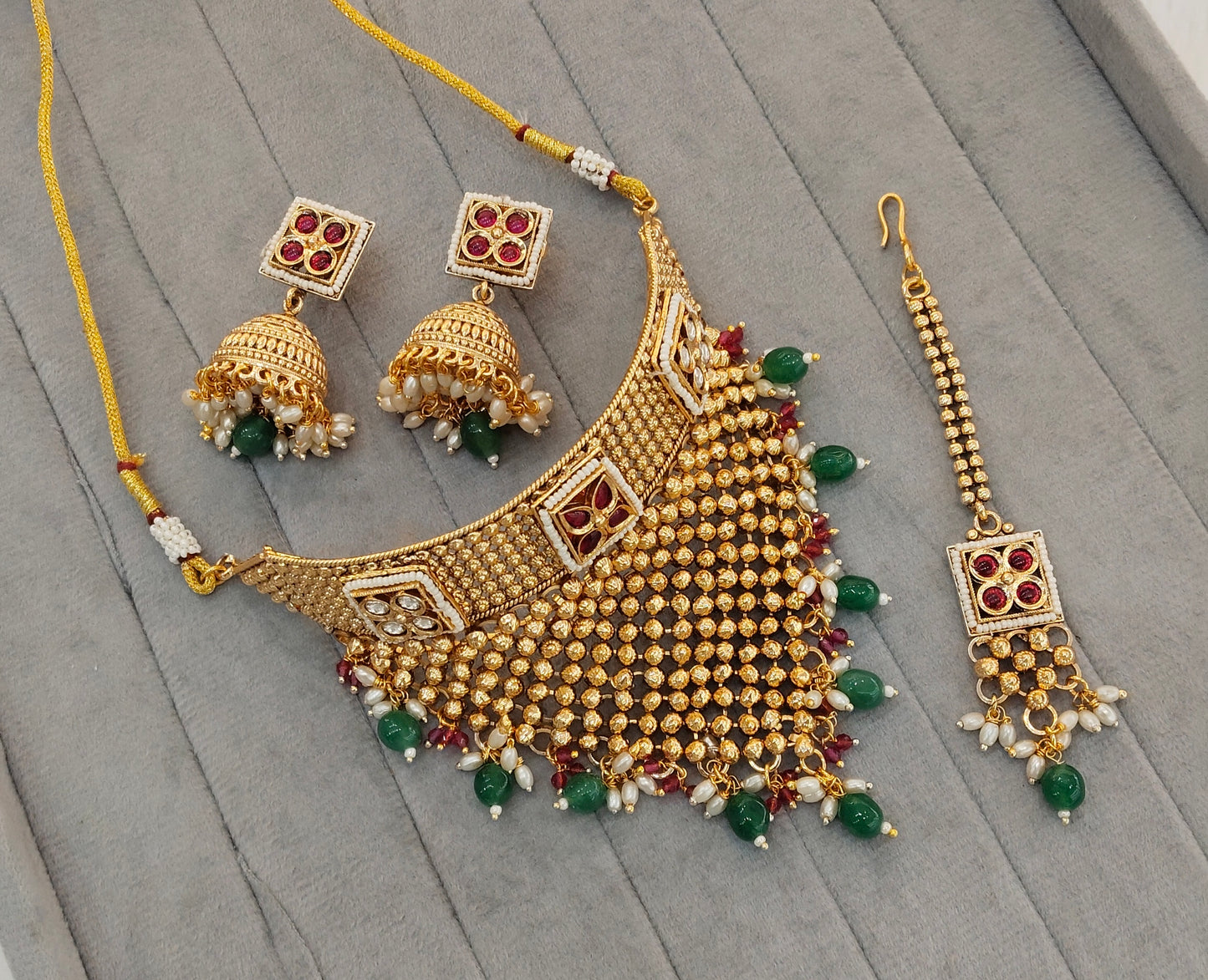 Ruby Green Gold Polki Choker Jewellery Kishu Set