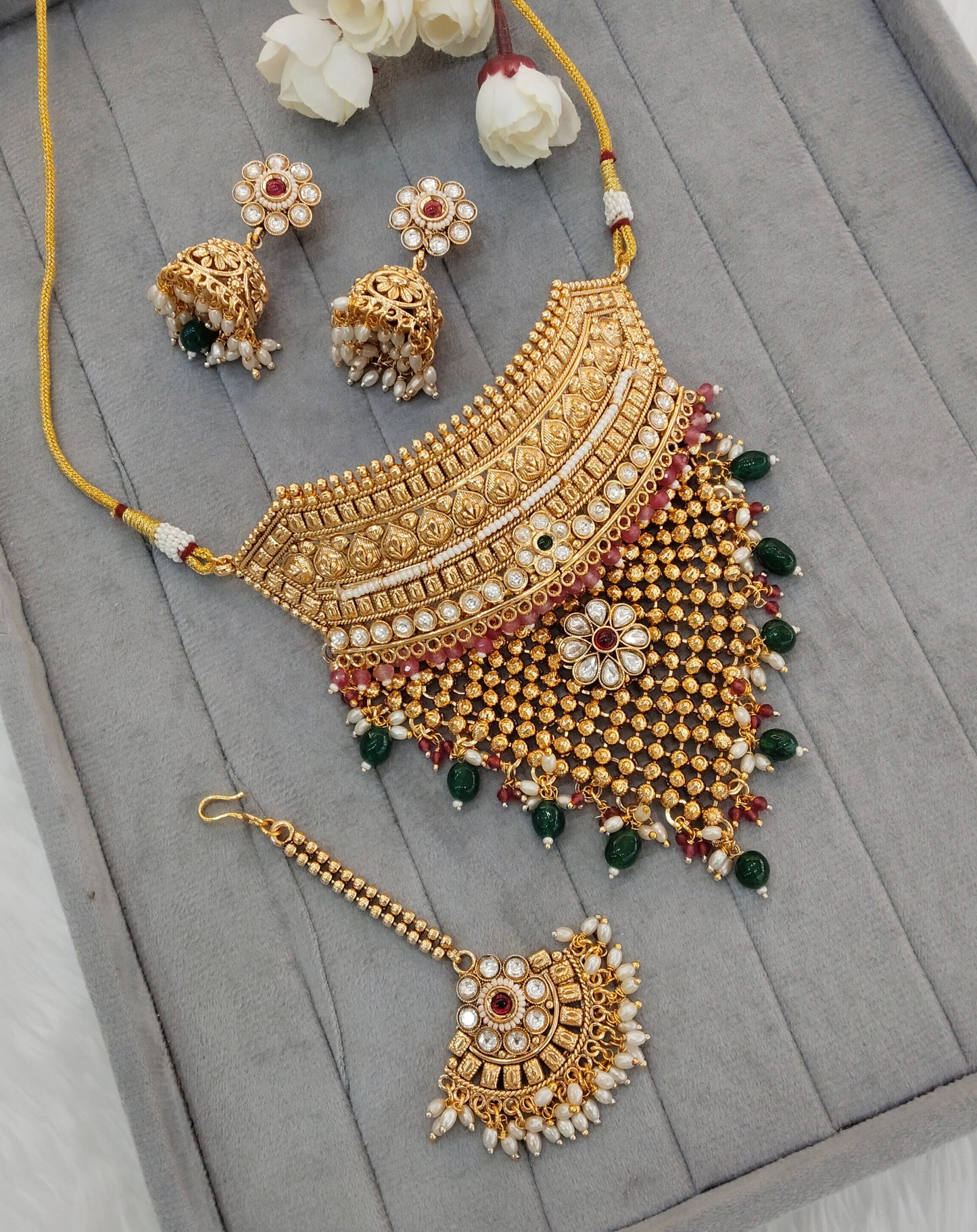 Ruby Green Gold Polki Choker Jewellery Kishu Set