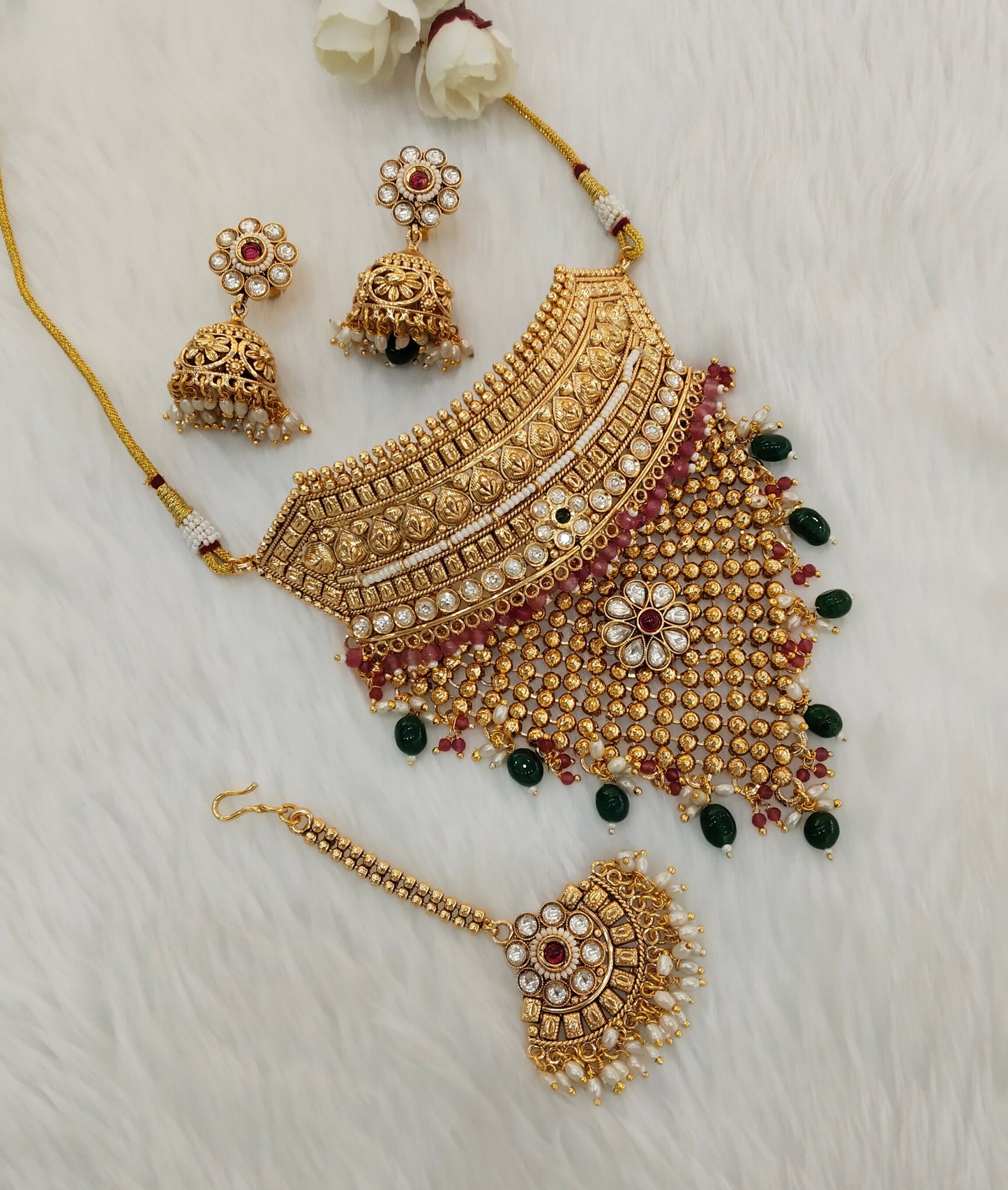 Ruby Green Gold Polki Choker Jewellery Kishu Set