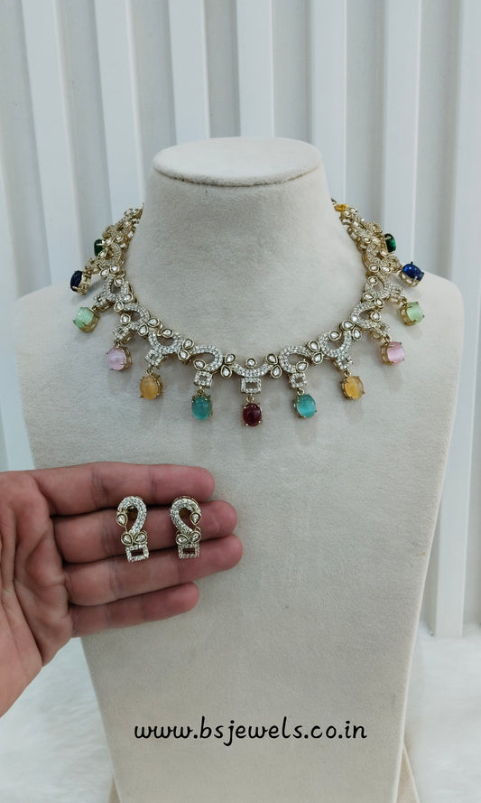Multi Color Gold Moissanite Kundan Necklace Jewellery Jhondear Set