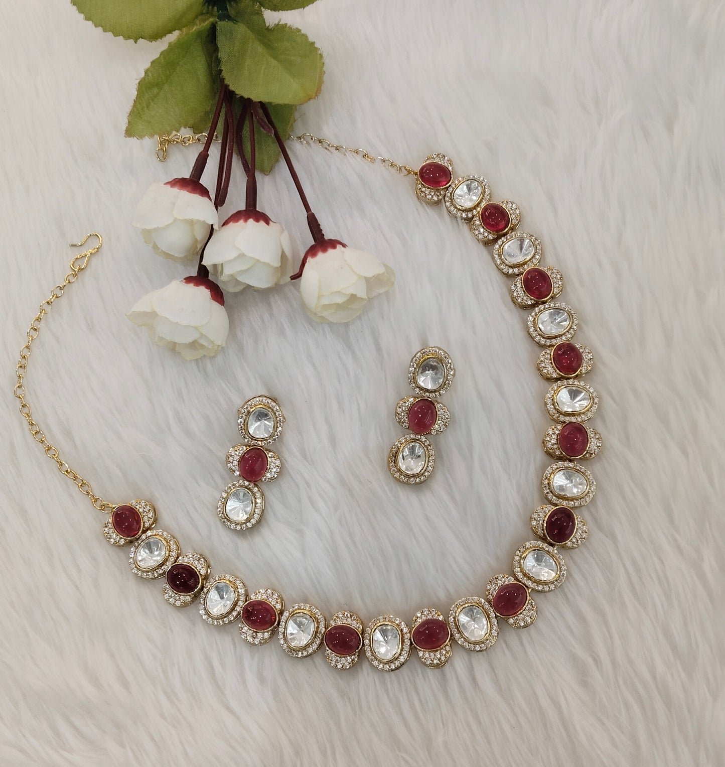 Ruby Gold Moissanite Kundan Necklace Jewellery Sonalika Set