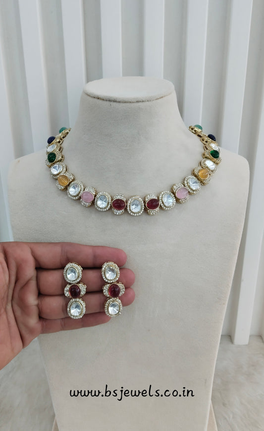 Multi Color Gold Moissanite Kundan Necklace Jewellery Sonalika Set