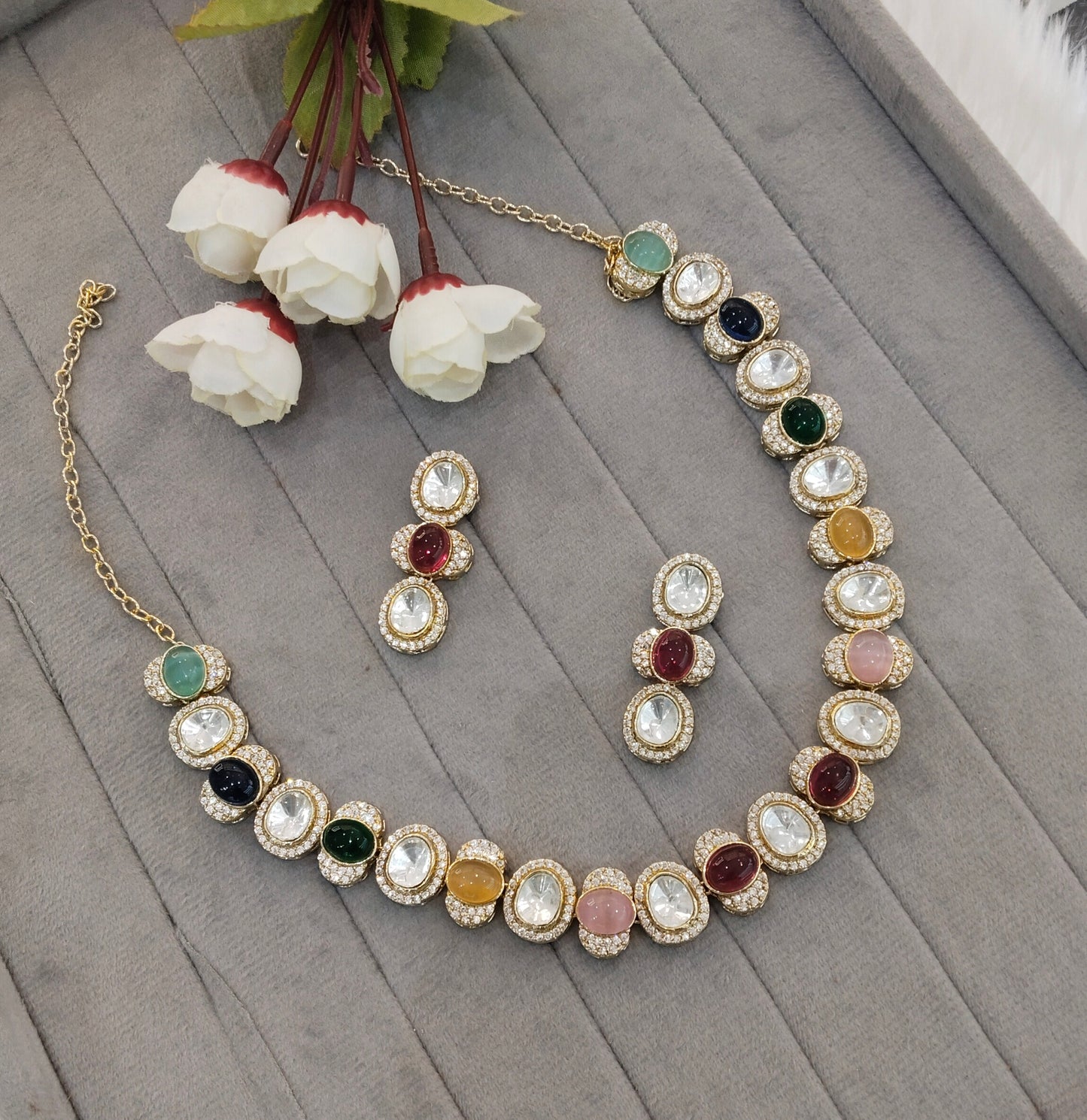 Multi Color Gold Moissanite Kundan Necklace Jewellery Sonalika Set