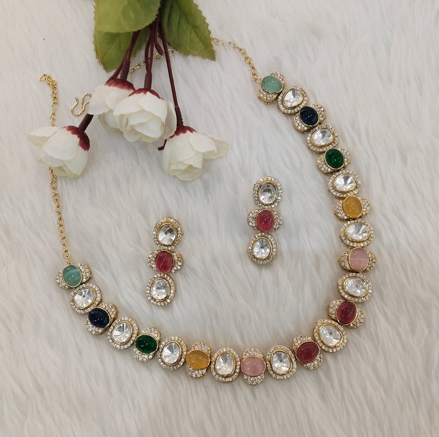 Multi Color Gold Moissanite Kundan Necklace Jewellery Sonalika Set
