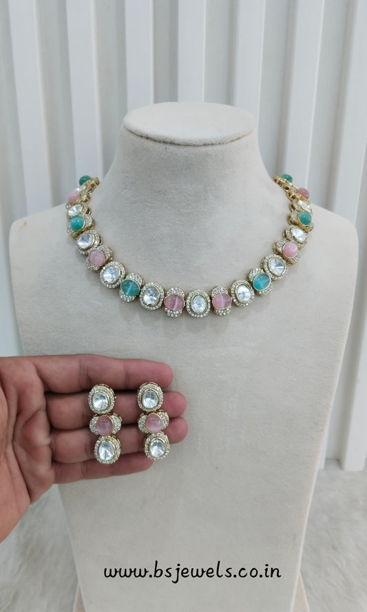 Mint Pink Gold Moissanite Kundan Necklace Jewellery Sonalika Set