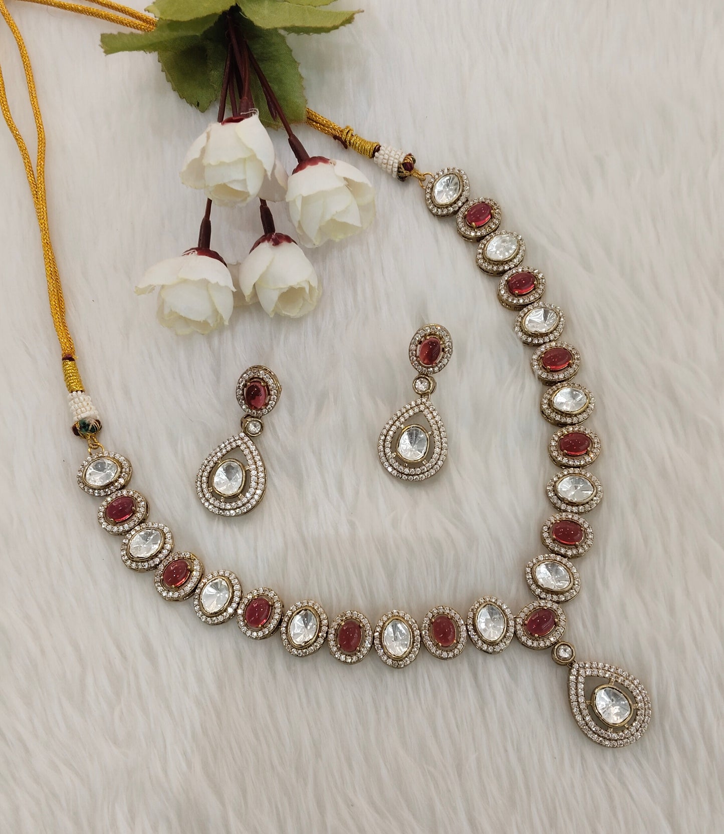 Ruby Gold Moissanite Kundan Necklace Jewellery Sonalika Set