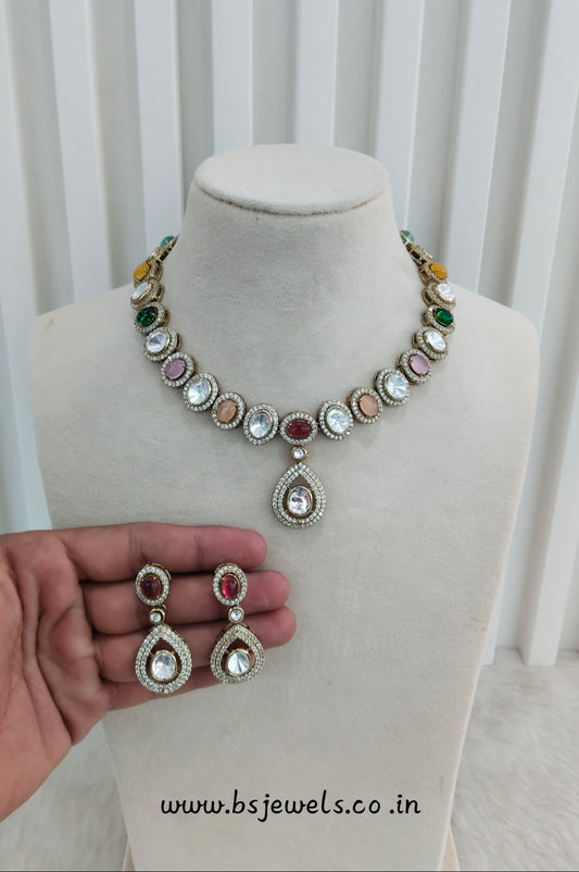 Multi Color Gold Moissanite Kundan Necklace Jewellery Sonalika Set