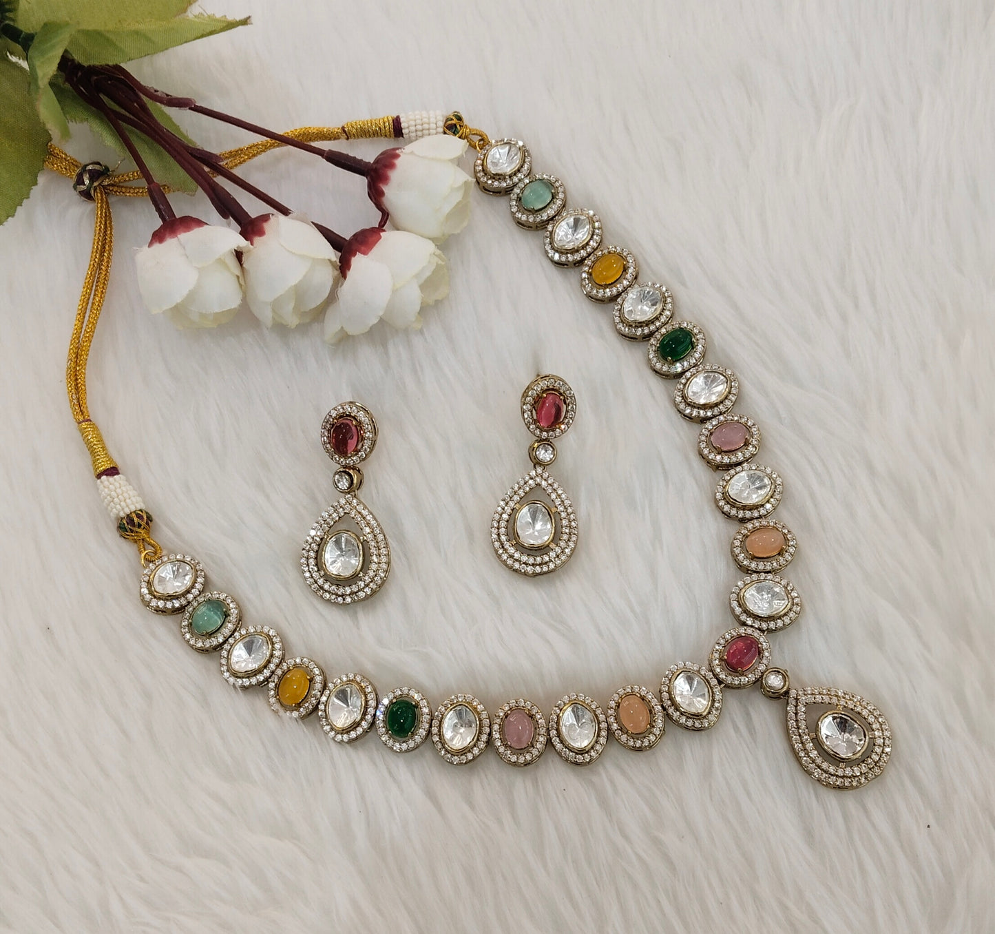 Multi Color Gold Moissanite Kundan Necklace Jewellery Sonalika Set