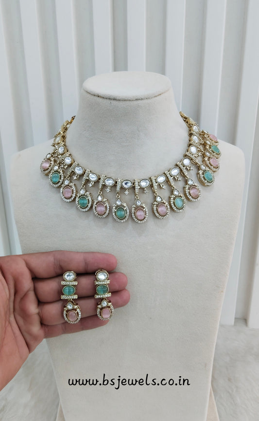 Mint Pink Gold Moissanite Kundan Necklace Jewellery Sonalika Set