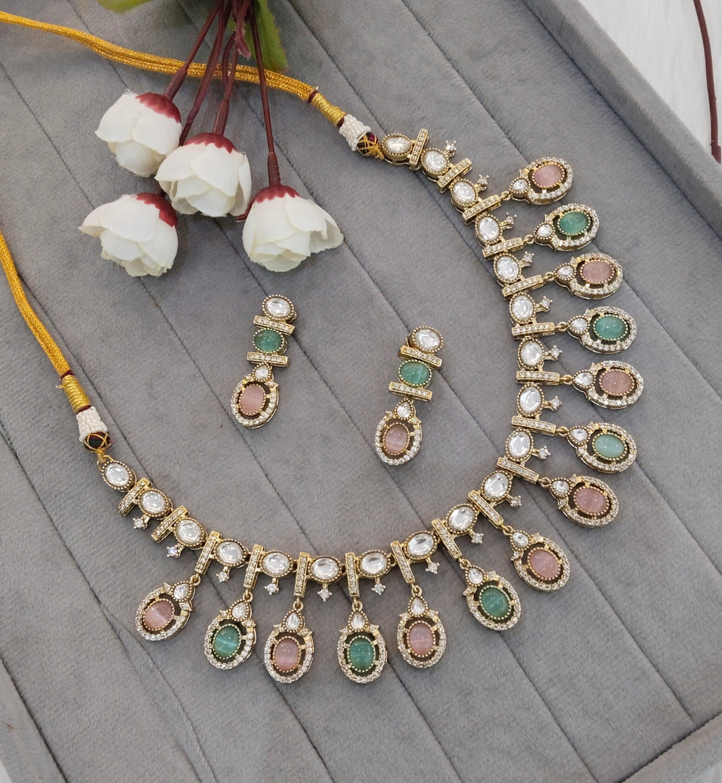 Mint Pink Gold Moissanite Kundan Necklace Jewellery Sonalika Set