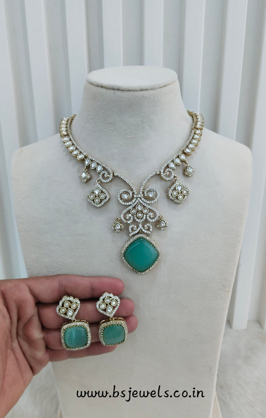 Sage Green Gold Moissanite Kundan Necklace Jewellery Sonalika Set