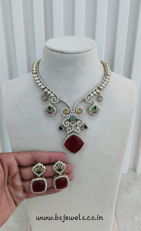 Multi Color Gold Moissanite Kundan Necklace Jewellery Sonalika Set