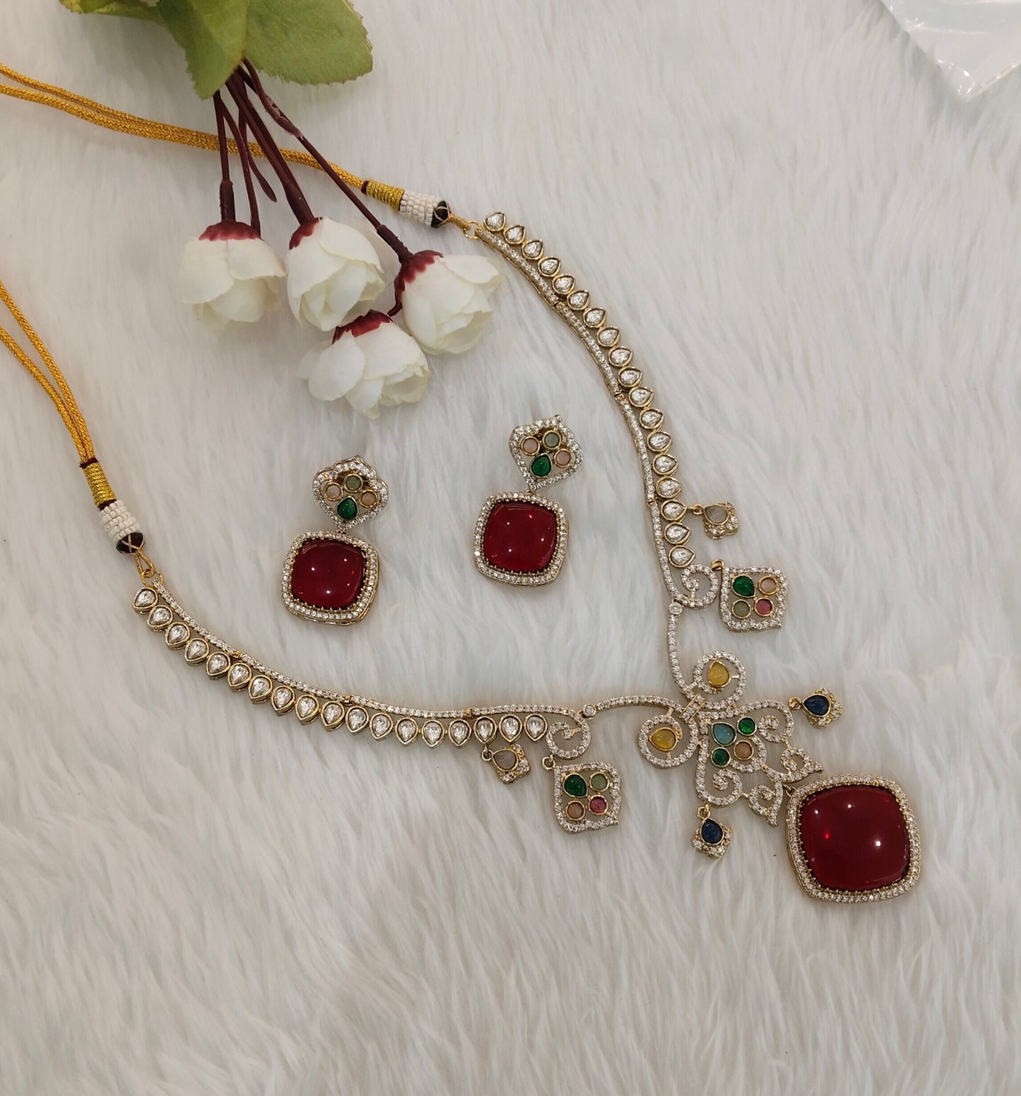 Multi Color Gold Moissanite Kundan Necklace Jewellery Sonalika Set