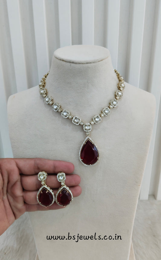 Maroon Gold Moissanite Kundan Necklace Jewellery Sonalika Set